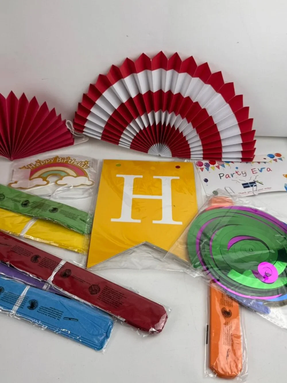 Rainbow Happy Birthday Party Decorations Kit Banner Tissue Pom Poms Fans Swirls